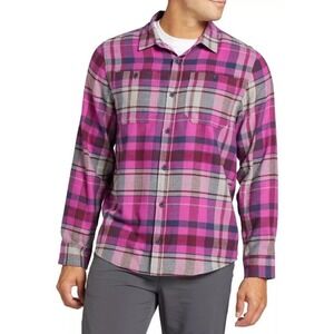 Men's Flannel Long Sleeve Shirt, Sunrise Plaid Pom Purple Alpine Design - LARGE